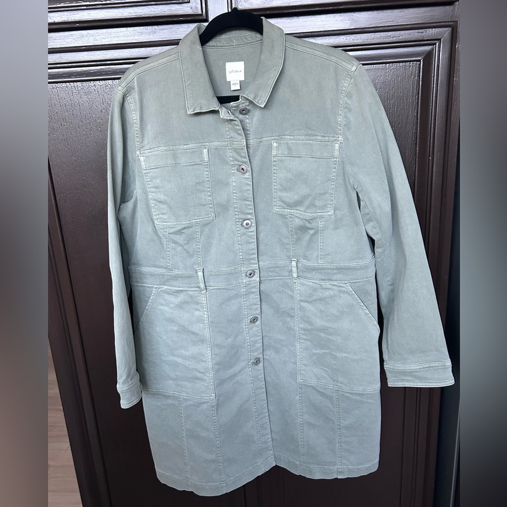 JJill denim coat in light sage green. Size Large